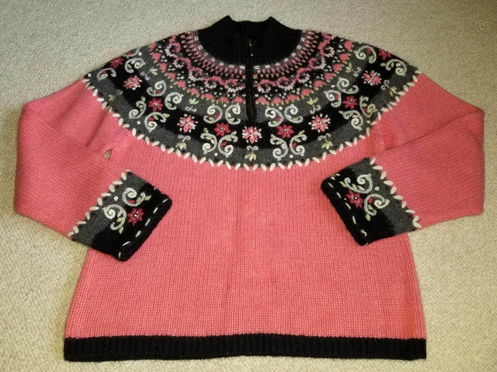 Womens Sweater-ICELANDIC DESIGN-pink Fair Isle lambs' wool/angora 1/4 zip-M